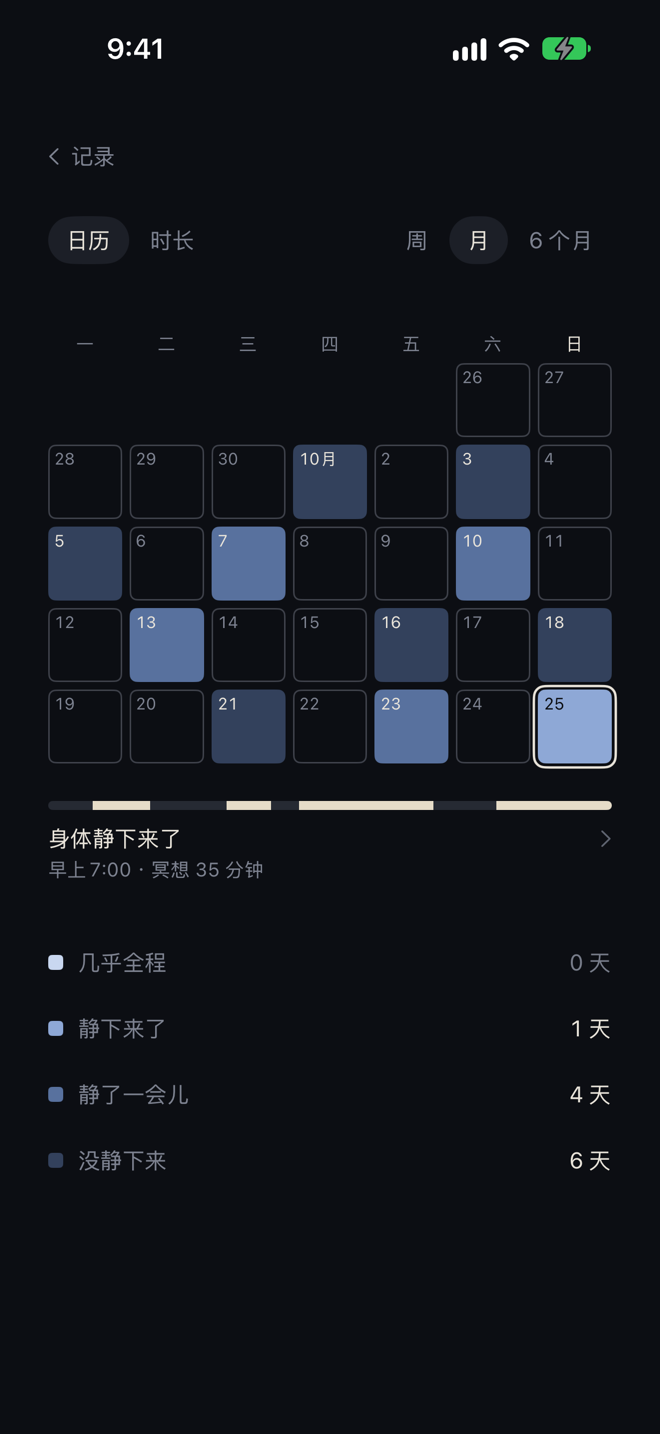 iPhone 历史页:一个月的日历,每天的深浅是身体静下来的程度